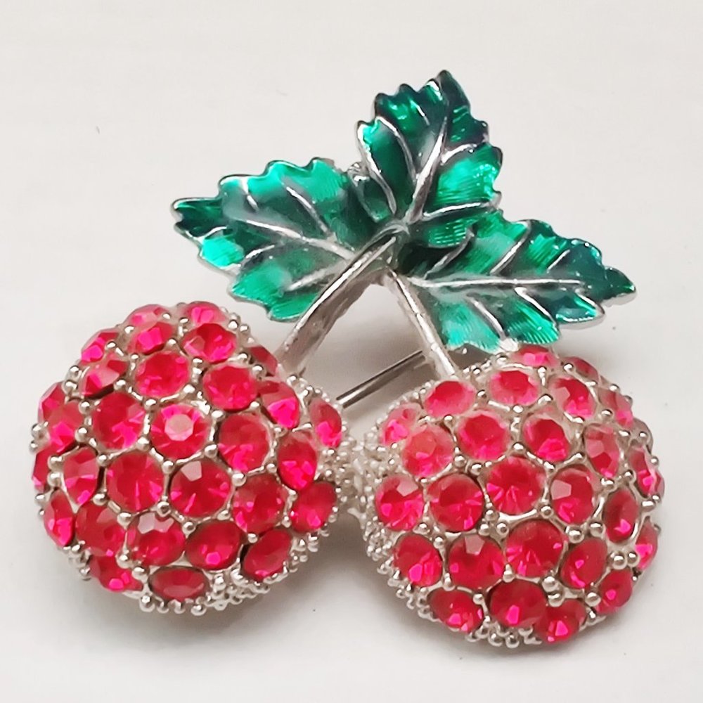 Vintage Red & Green Rhinestone Cherry Brooch
